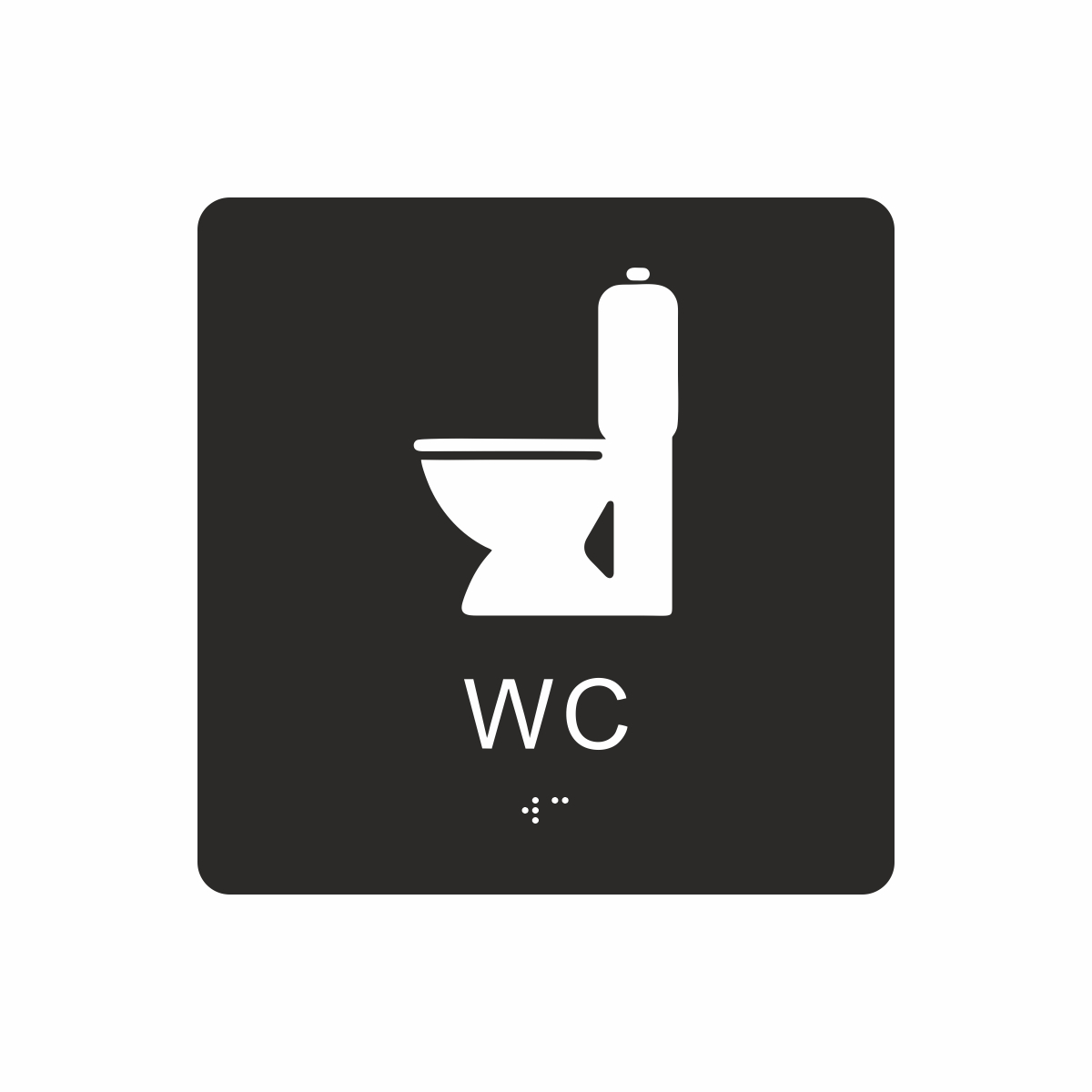 Svart och vit toalett­skylt med piktogram av en toalettstol, texten wc står under symbolen och punktskrift längst ned