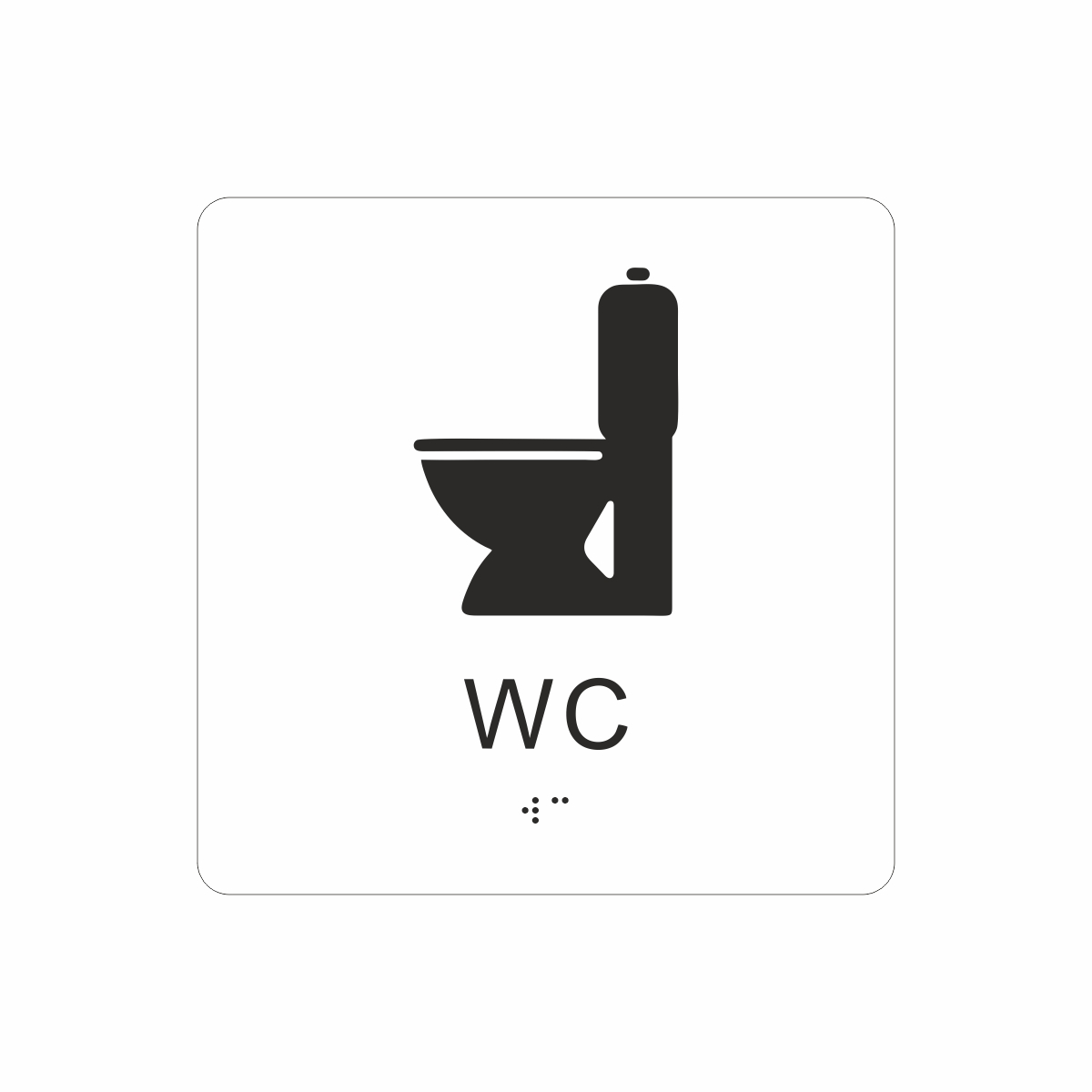 Vit och svart toalett­skylt med piktogram av en toalettstol, texten wc står under symbolen och punktskrift längst ned