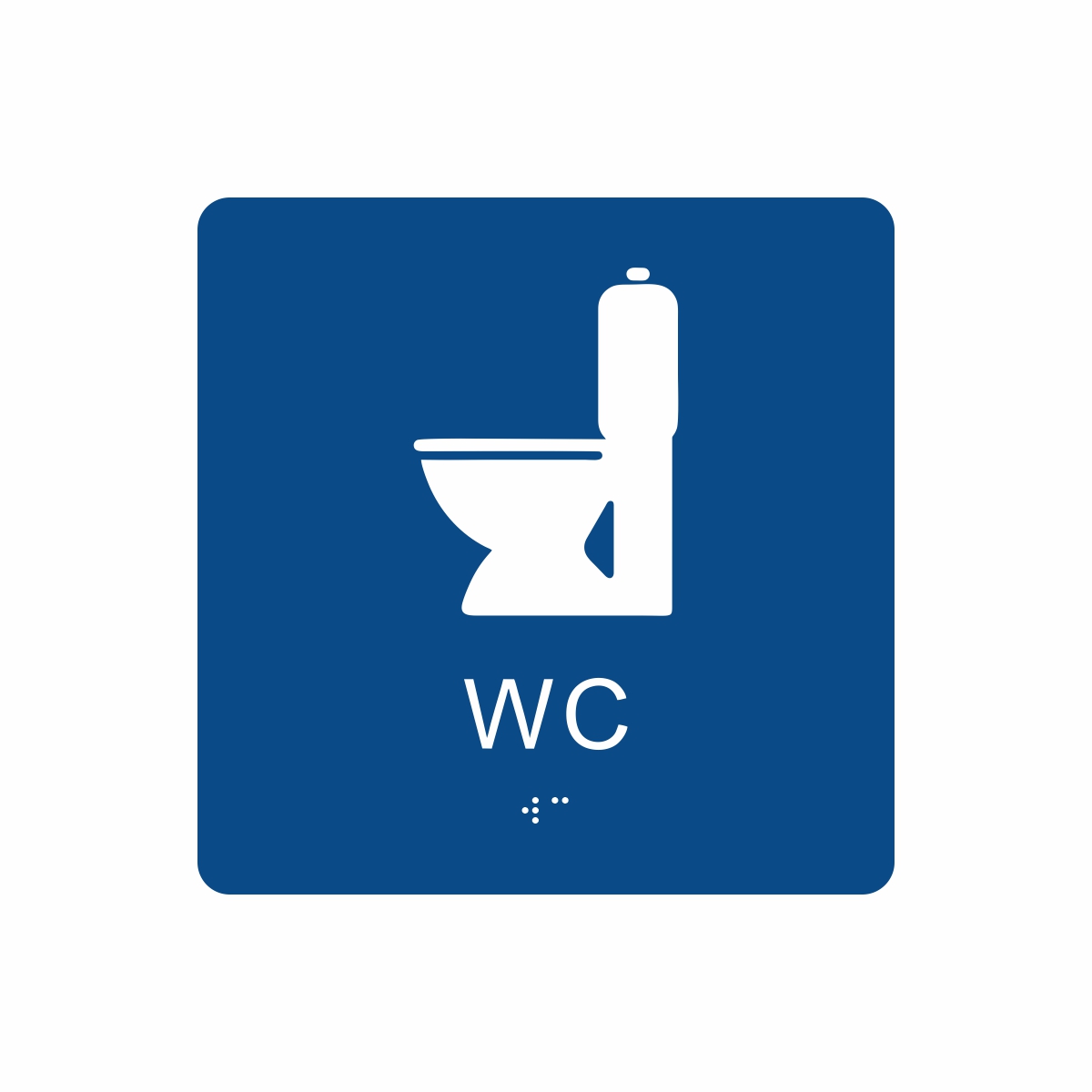 Blå och vit toalett­skylt med piktogram av en toalettstol, texten wc står under symbolen och punktskrift längst ned