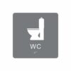 Grå och vit toalett­skylt med piktogram av en toalettstol, texten wc står under symbolen och punktskrift längst ned