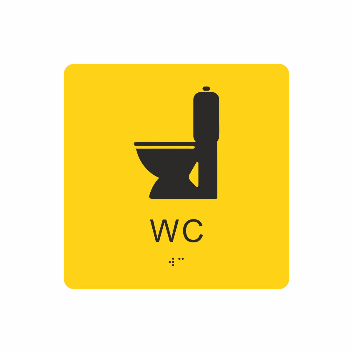 Gul och svart toalett­skylt med piktogram av en toalettstol, texten wc står under symbolen och punktskrift längst ned