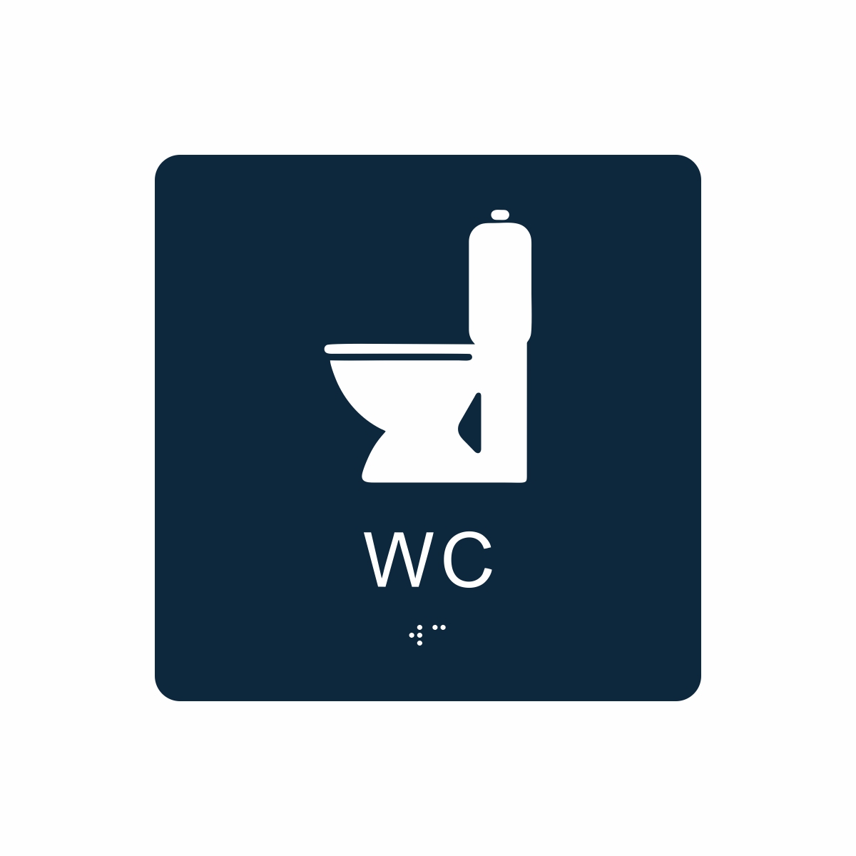 Mörkblå och vit toalett­skylt med piktogram av en toalettstol, texten wc står under symbolen och punktskrift längst ned