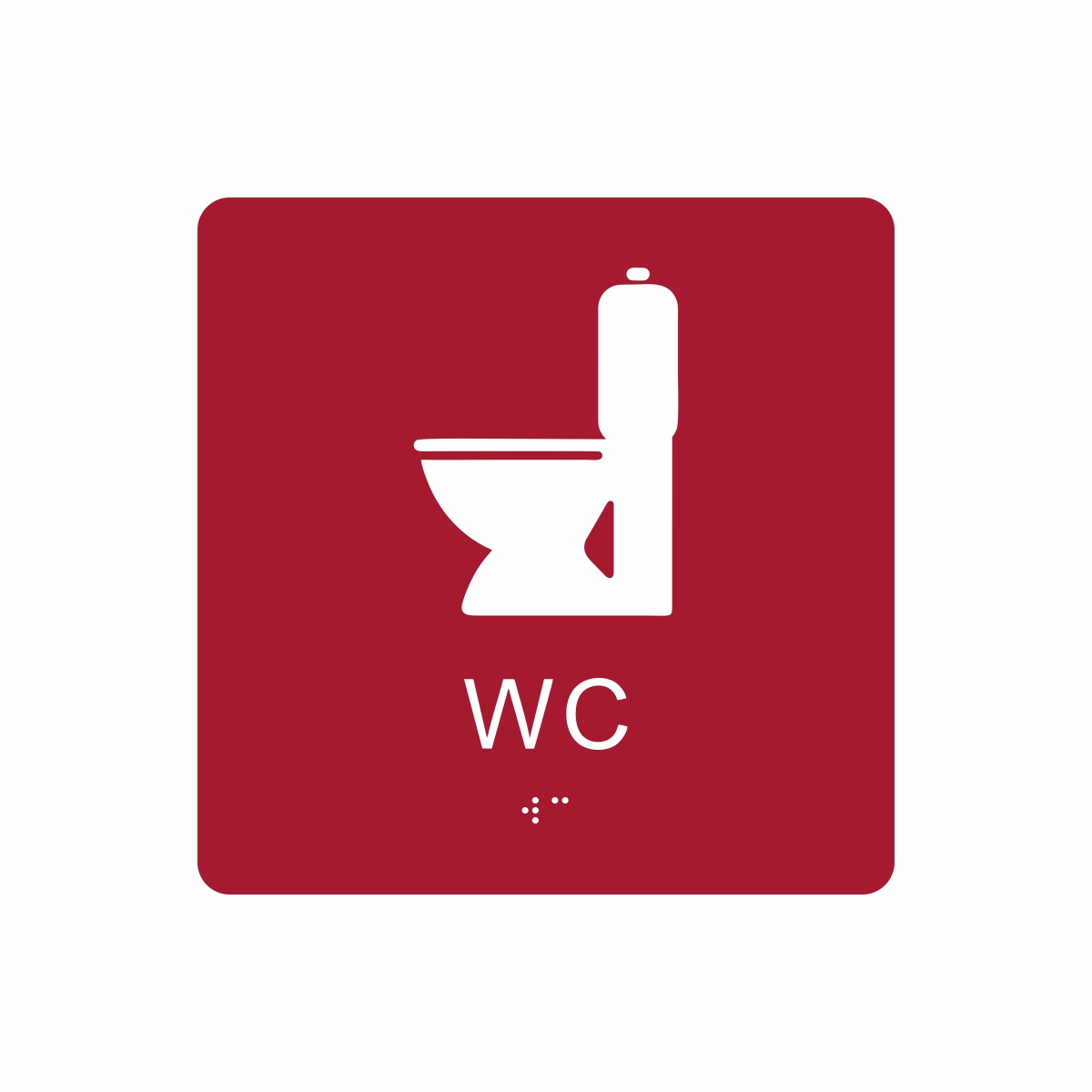 Röd och vit toalett­skylt med piktogram av en toalettstol, texten wc står under symbolen och punktskrift längst ned