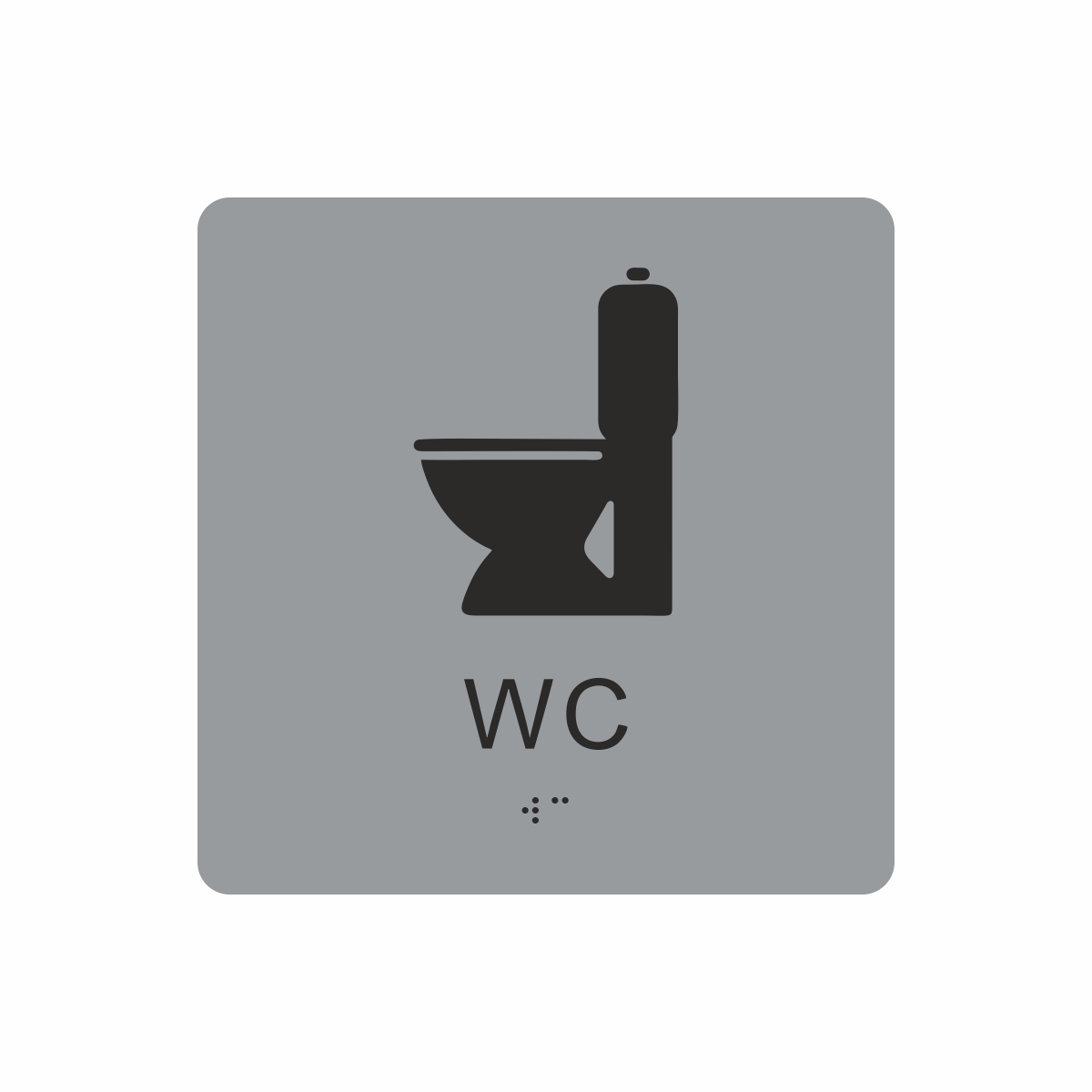 Silvergrå och svart toalett­skylt med piktogram av en toalettstol, texten wc står under symbolen och punktskrift längst ned