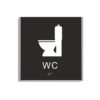 Svart och vit toalett­skylt i storlek 150 x 150 mm med en tunn aluminiumram, med piktogram av en toalettstol, texten wc står under symbolen och punktskrift längst ned