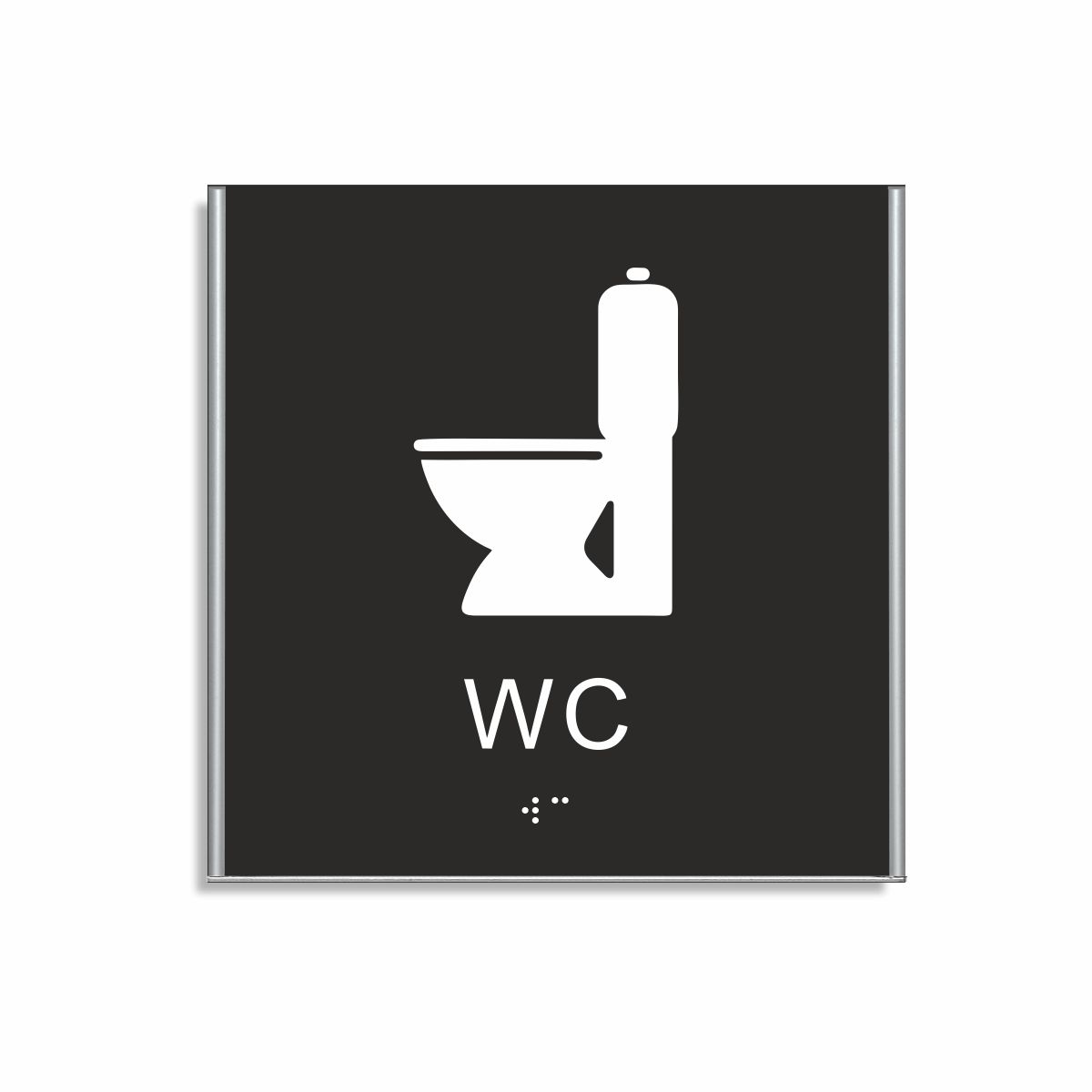Svart och vit toalett­skylt i storlek 150 x 150 mm med en tunn aluminiumram, med piktogram av en toalettstol, texten wc står under symbolen och punktskrift längst ned