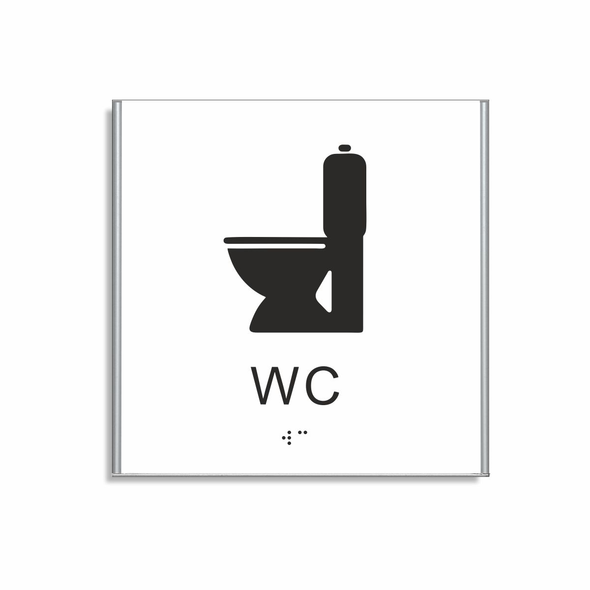 Vit och svart toalett­skylt i storlek 150 x 150 mm med en tunn aluminiumram, med piktogram av en toalettstol, texten wc står under symbolen och punktskrift längst ned