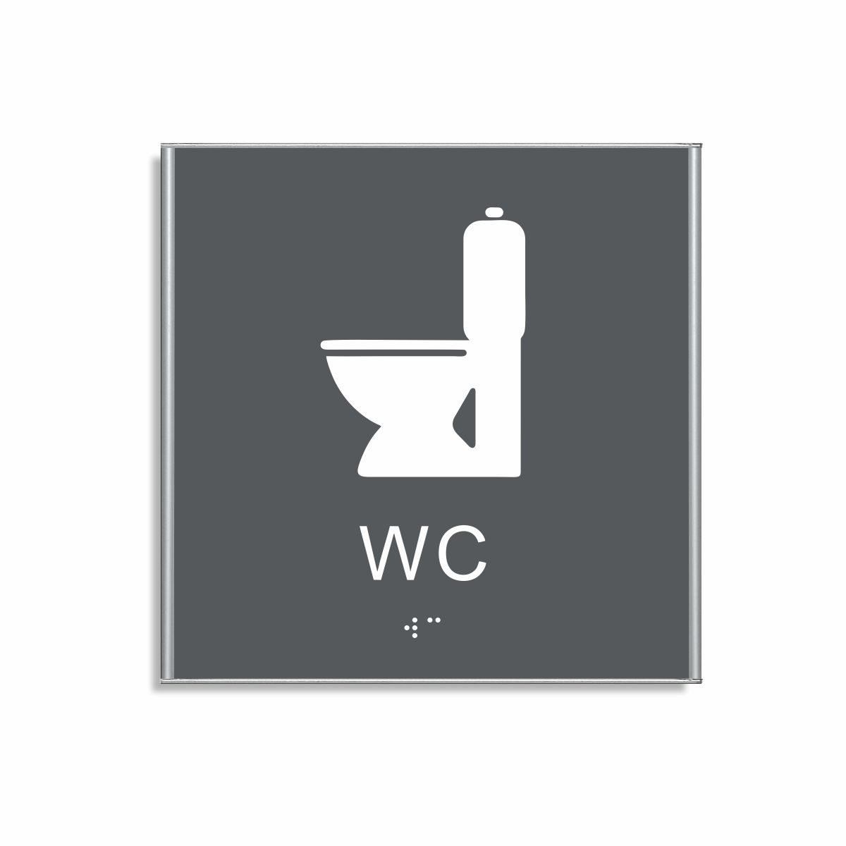 Charcoal grå och vit toalett­skylt i storlek 150 x 150 mm med en tunn aluminiumram, med piktogram av en toalettstol, texten wc står under symbolen och punktskrift längst ned