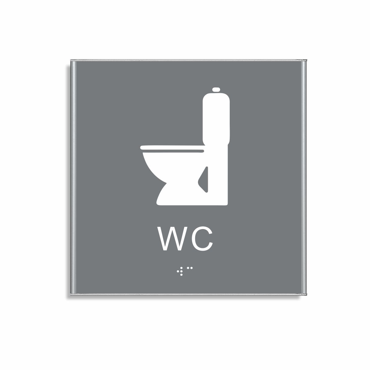 Grå och vit toalett­skylt i storlek 150 x 150 mm med en tunn aluminiumram, med piktogram av en toalettstol, texten wc står under symbolen och punktskrift längst ned