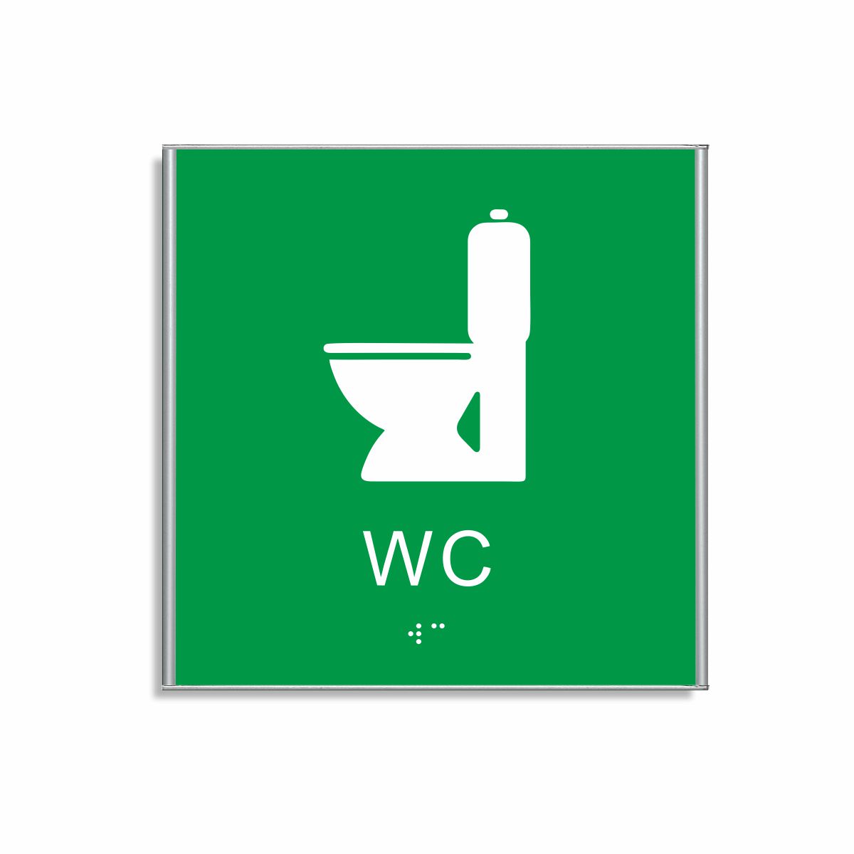 Grön och vit toalett­skylt i storlek 150 x 150 mm med en tunn aluminiumram, med piktogram av en toalettstol, texten wc står under symbolen och punktskrift längst ned