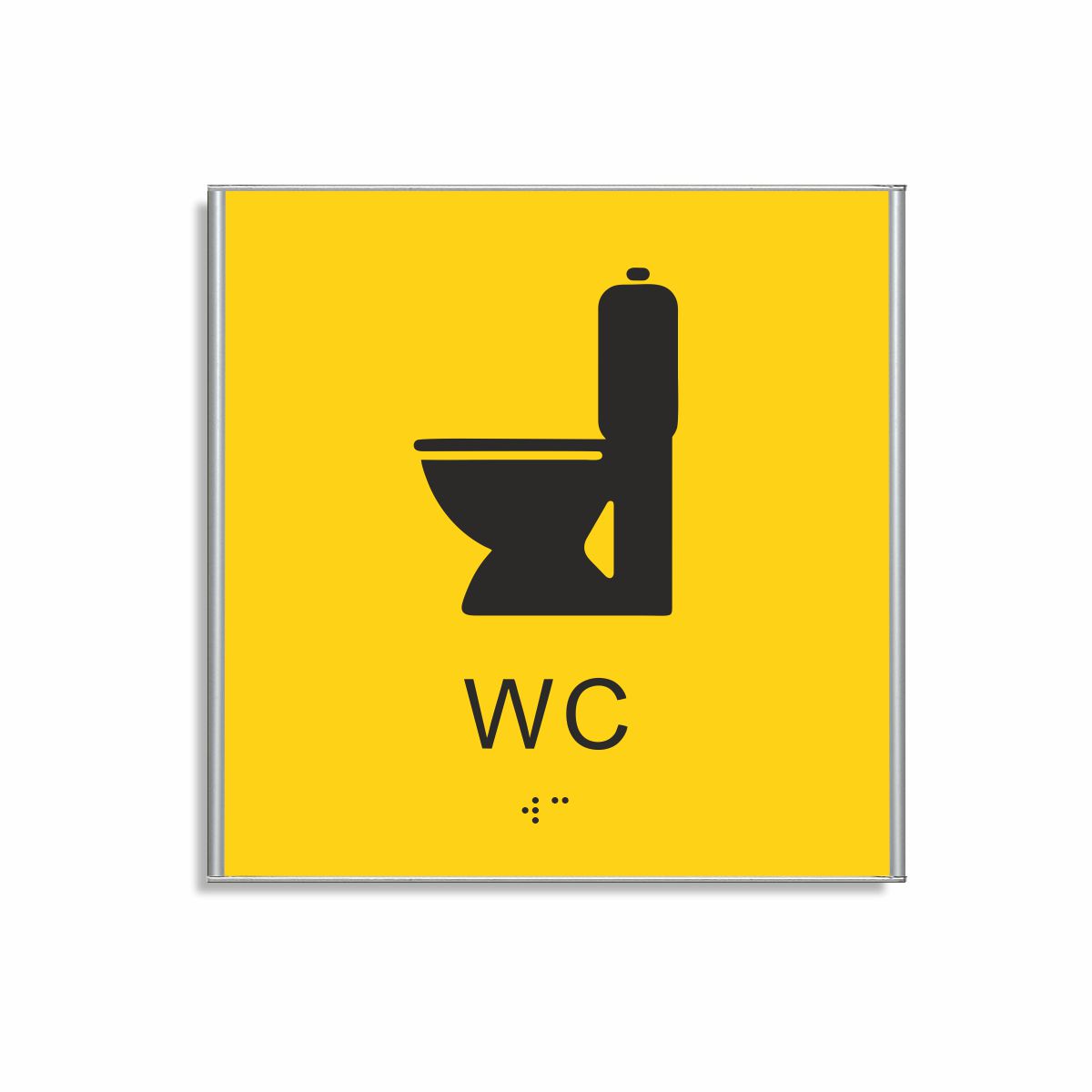 Gul och svart toalett­skylt i storlek 150 x 150 mm med en tunn aluminiumram, med piktogram av en toalettstol, texten wc står under symbolen och punktskrift längst ned