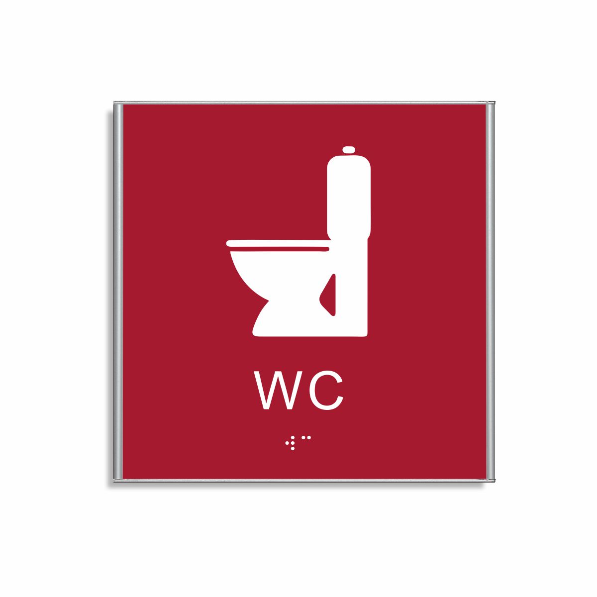 Röd och vit toalett­skylt i storlek 150 x 150 mm med en tunn aluminiumram, med piktogram av en toalettstol, texten wc står under symbolen och punktskrift längst ned