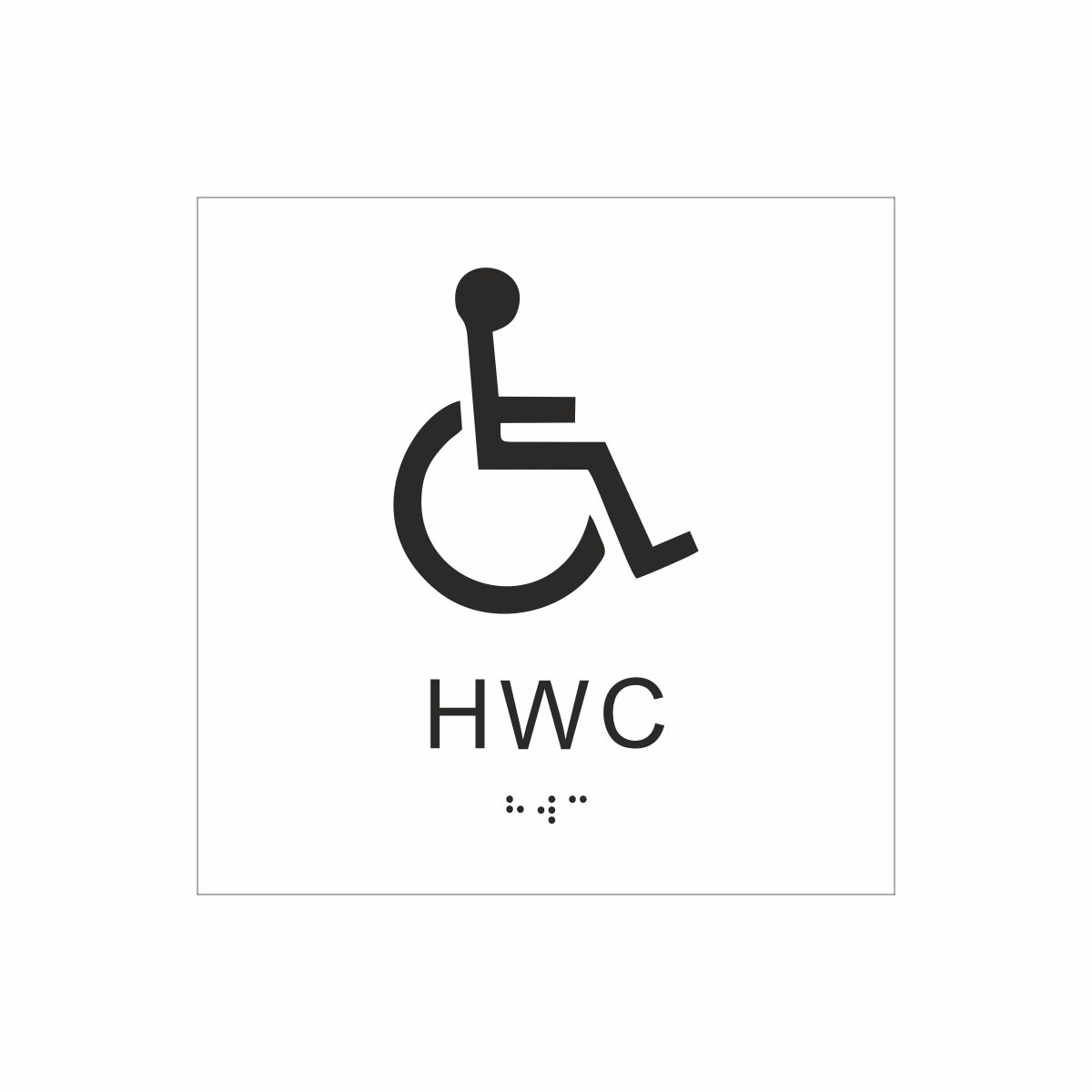 Vit och svart toalett­skylt med piktogram av en rullstol, texten hwc står under symbolen och punktskrift längst ned