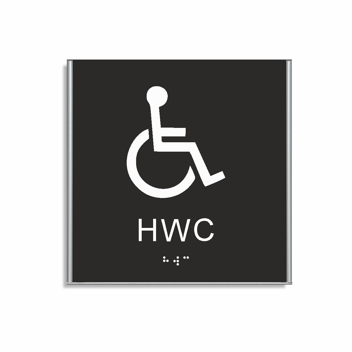 Svart och vit toalett­skylt i storlek 150 x 150 mm med en tunn aluminiumram, med piktogram av en rullstol, texten hwc står under symbolen och punktskrift längst ned