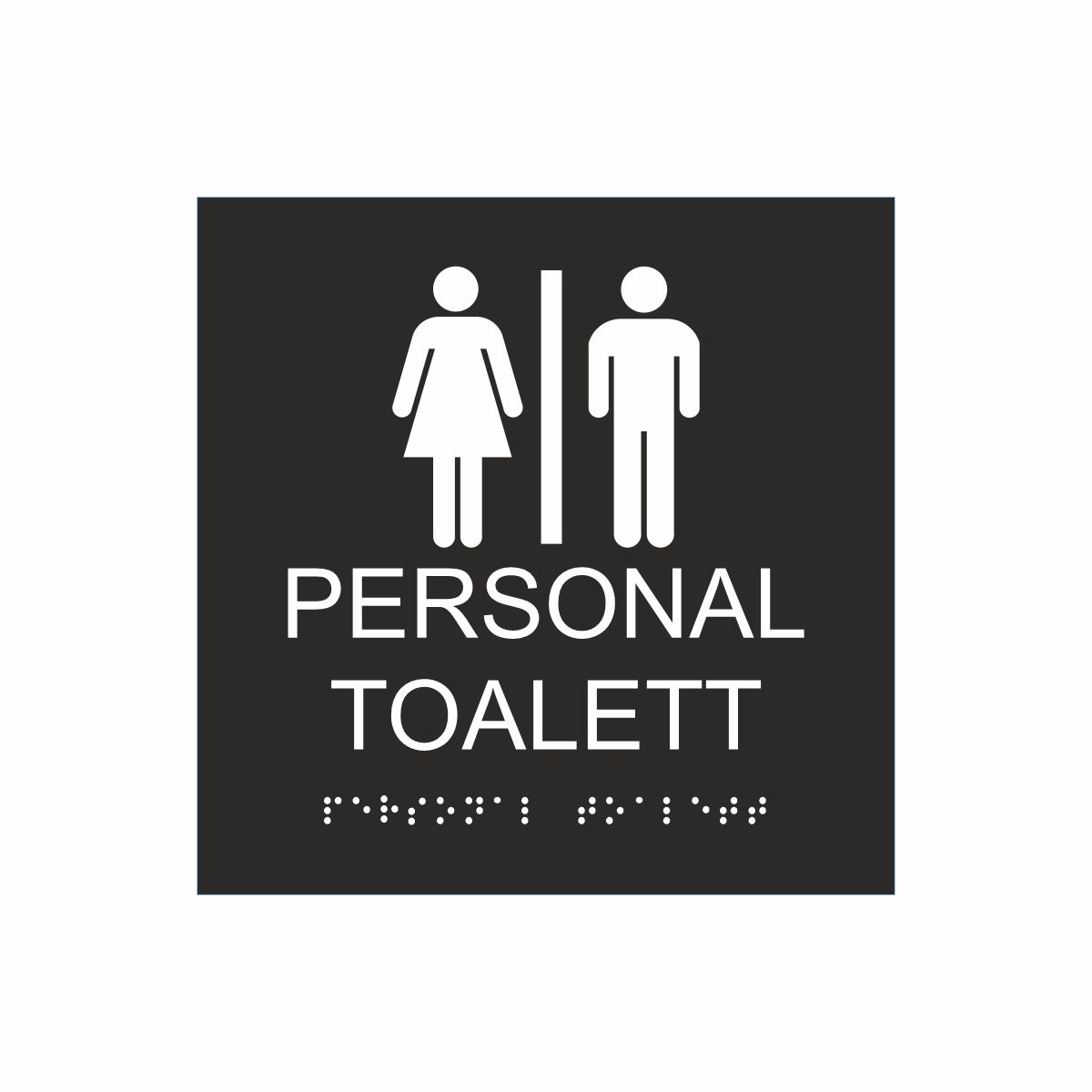Svart och vit skylt för personaltoalett med piktogram av en kvinna och en man åtskilda av ett lodrätt streck, texten personal toalett står under symbolen och punktskrift längst ned