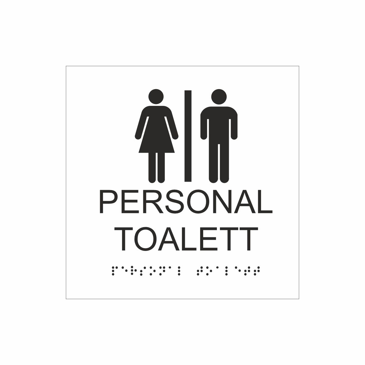 Vit och svart skylt för personaltoalett med piktogram av en kvinna och en man åtskilda av ett lodrätt streck, texten personal toalett  står under symbolen och punktskrift längst ned