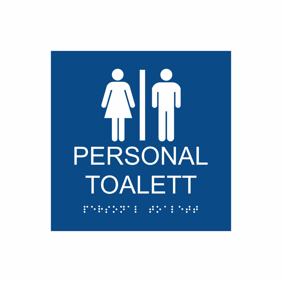 Blå och vit skylt för personaltoalett med piktogram av en kvinna och en man åtskilda av ett lodrätt streck, texten personal toalett  står under symbolen och punktskrift längst ned