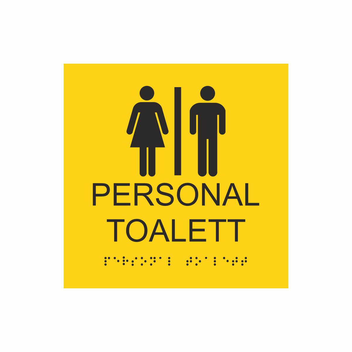 Gul och svart skylt för personaltoalett med piktogram av en kvinna och en man åtskilda av ett lodrätt streck, texten personal toalett står under symbolen och punktskrift längst ned