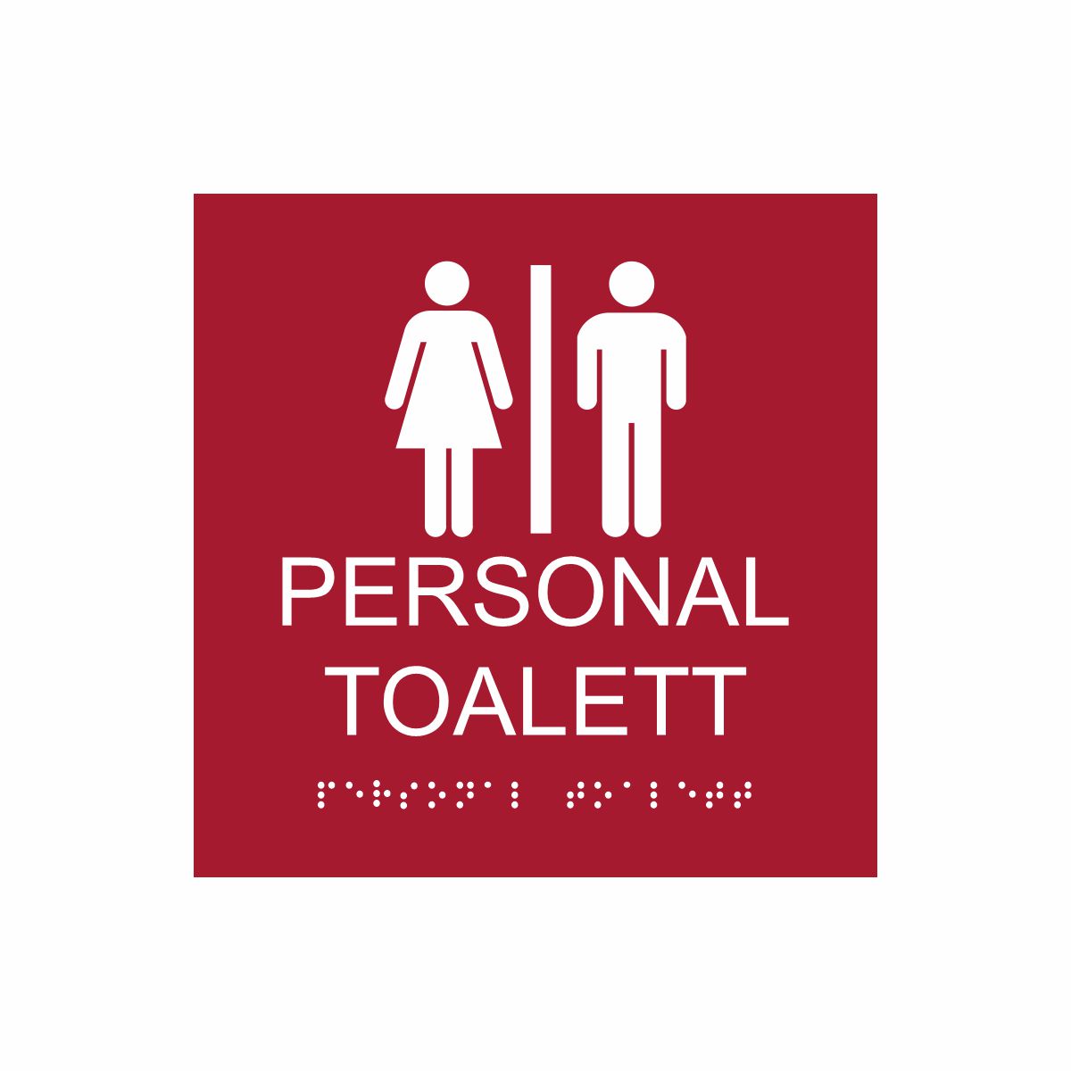 Röd och vit skylt för personaltoalett med piktogram av en kvinna och en man åtskilda av ett lodrätt streck, texten personal toalett står under symbolen och punktskrift längst ned