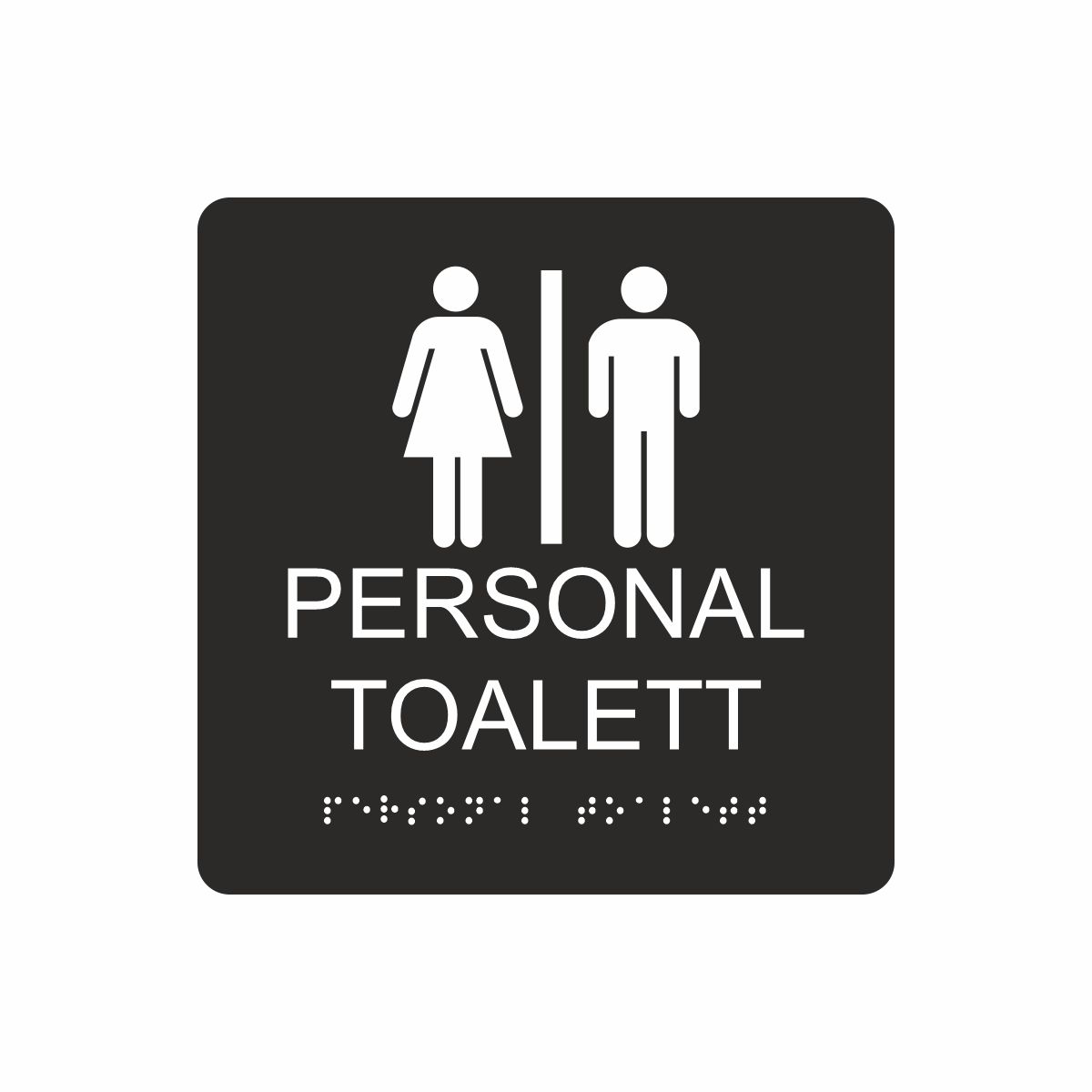 Svart och vit skylt för personaltoalett med piktogram av en kvinna och en man åtskilda av ett lodrätt streck, texten personal toalett står under symbolen och punktskrift längst ned