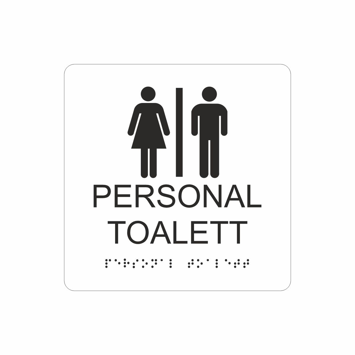 Vit och svart skylt för personaltoalett med piktogram av en kvinna och en man åtskilda av ett lodrätt streck, texten personal toalett står under symbolen och punktskrift längst ned