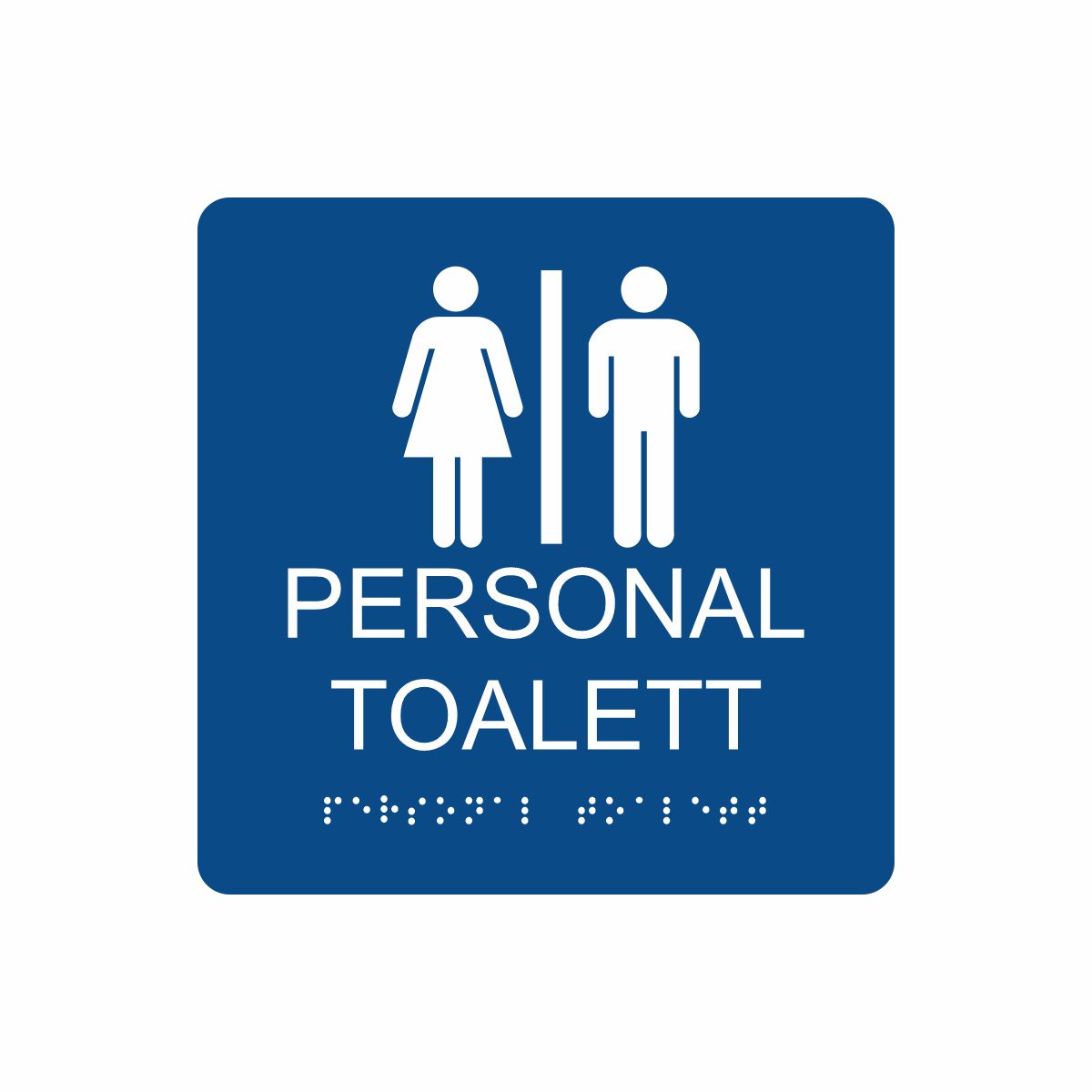 Blå och vit skylt för personaltoalett med piktogram av en kvinna och en man åtskilda av ett lodrätt streck, texten personal toalett står under symbolen och punktskrift längst ned