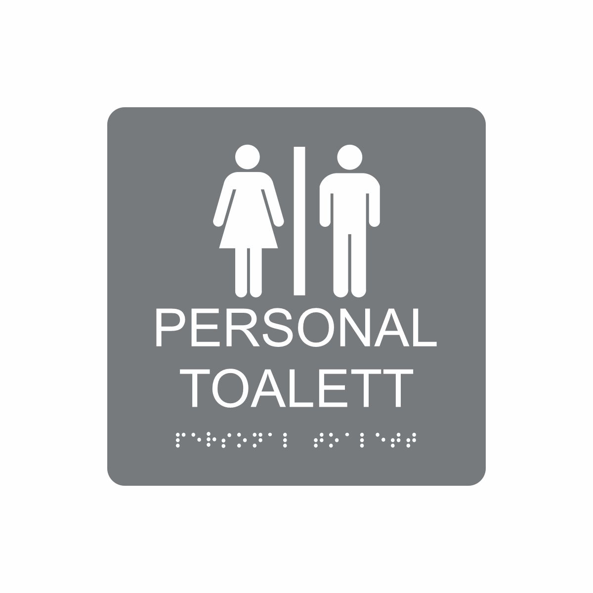 Grå och vit skylt för personaltoalett med piktogram av en kvinna och en man åtskilda av ett lodrätt streck, texten personal toalett står under symbolen och punktskrift längst ned