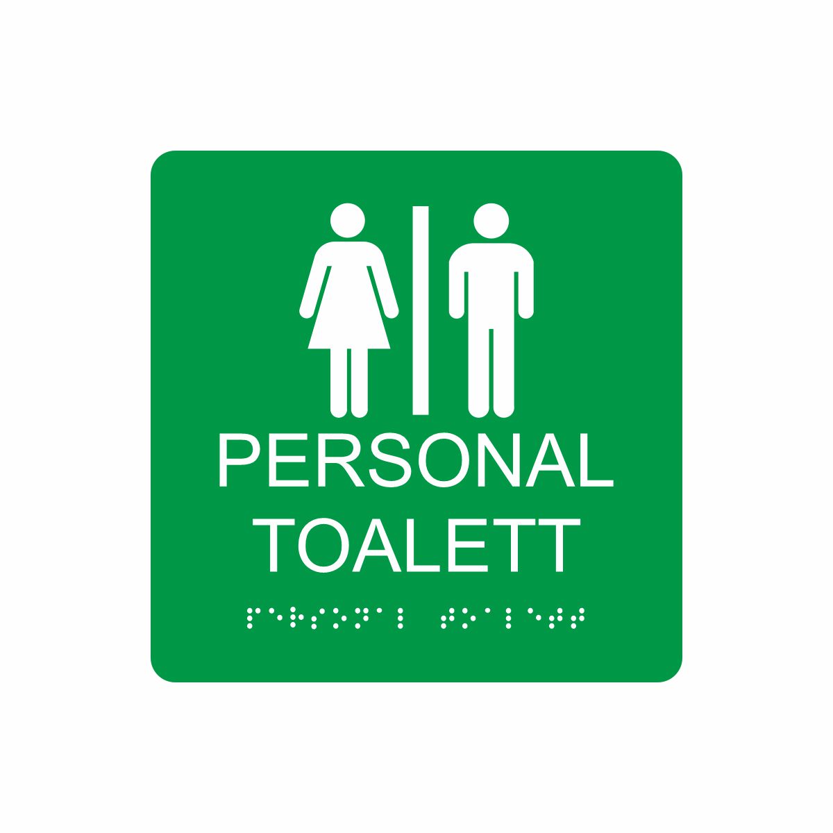 Grön och vit skylt för personaltoalett med piktogram av en kvinna och en man åtskilda av ett lodrätt streck, texten personal toalett står under symbolen och punktskrift längst ned