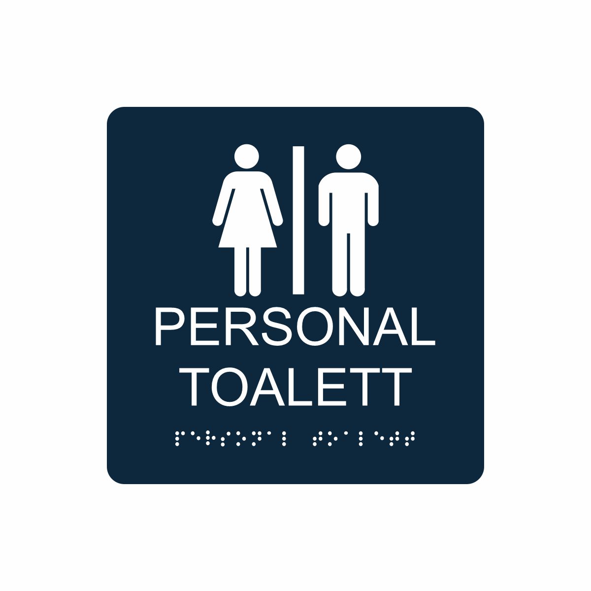 Mörkblå och vit skylt för personaltoalett med piktogram av en kvinna och en man åtskilda av ett lodrätt streck, texten personal toalett står under symbolen och punktskrift längst ned