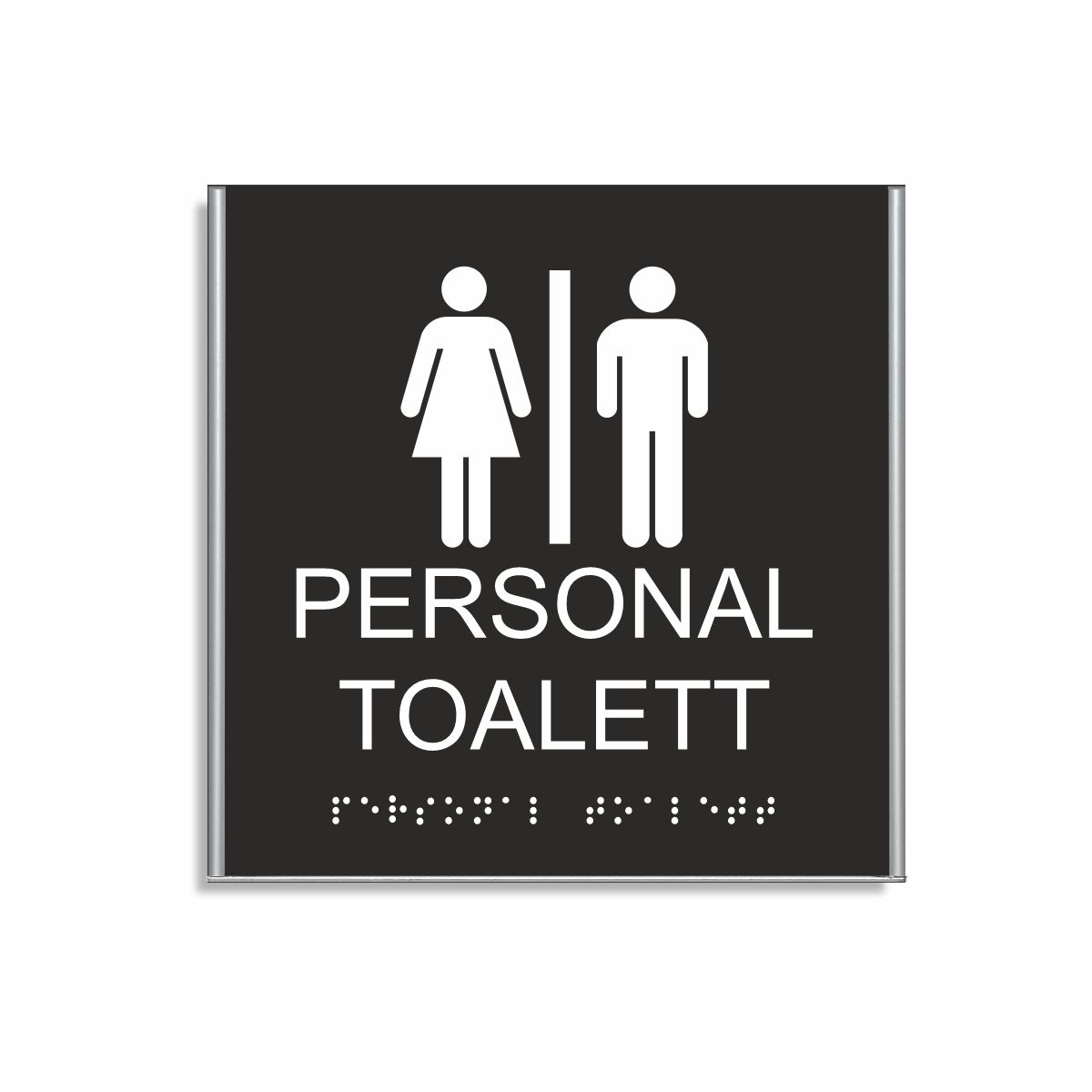 Svart och vit skylt för personaltoalett i storlek 150 x 150 mm med en tunn aluminiumram, med piktogram av en kvinna och en man åtskilda av ett lodrätt streck, texten personal toalett står under symbolen och punktskrift längst ned