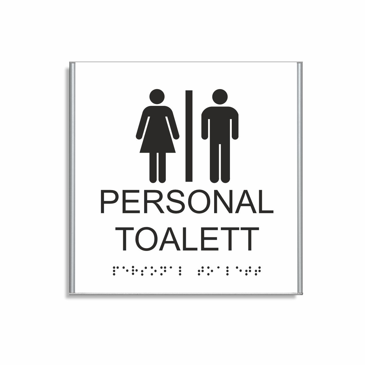 Vit och svart skylt för personaltoalett i storlek 150 x 150 mm med en tunn aluminiumram, med piktogram av en kvinna och en man åtskilda av ett lodrätt streck, texten personal toalett står under symbolen och punktskrift längst ned