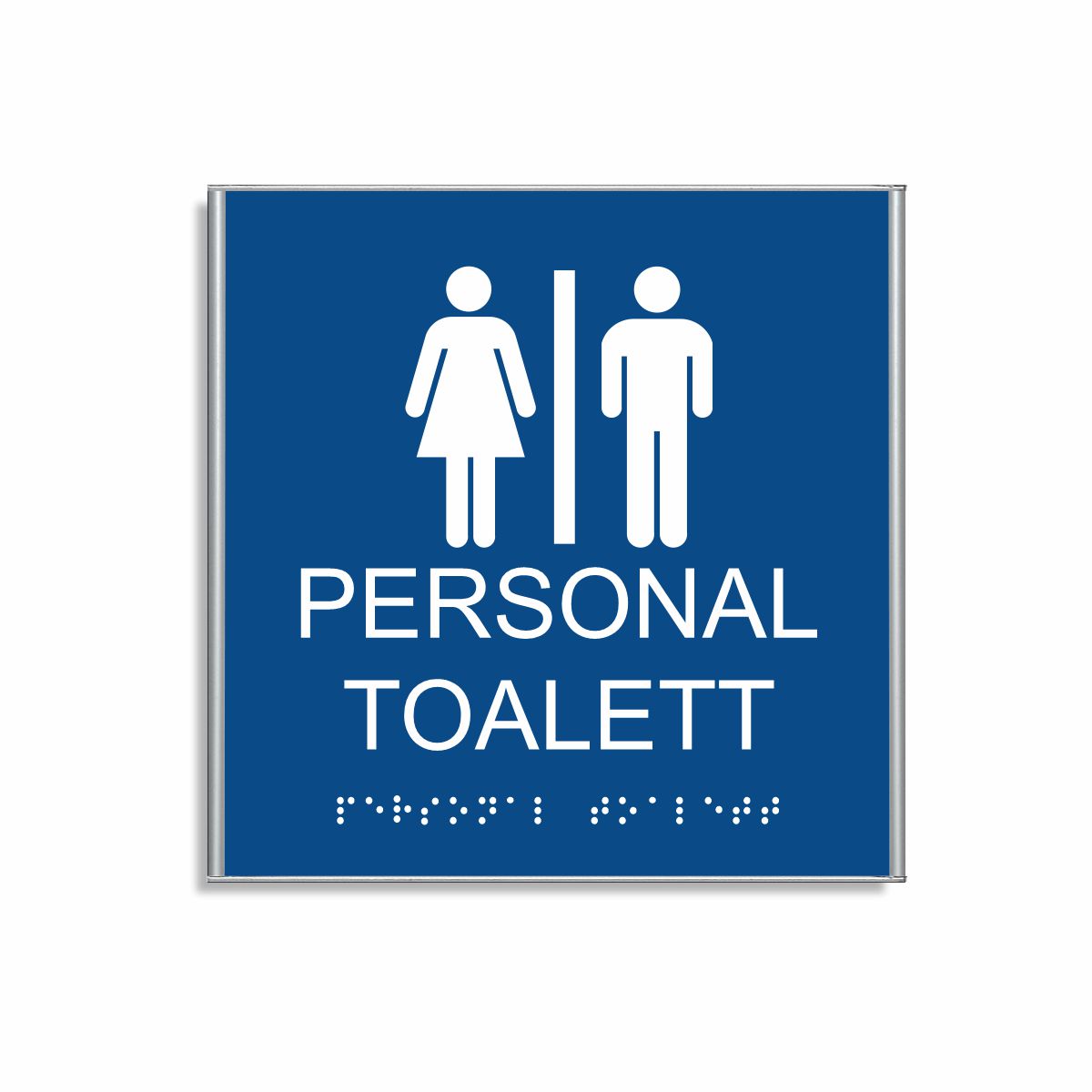 Blå och vit skylt för personaltoalett i storlek 150 x 150 mm med en tunn aluminiumram, med piktogram av en kvinna och en man åtskilda av ett lodrätt streck, texten personal toalett står under symbolen och punktskrift längst ned