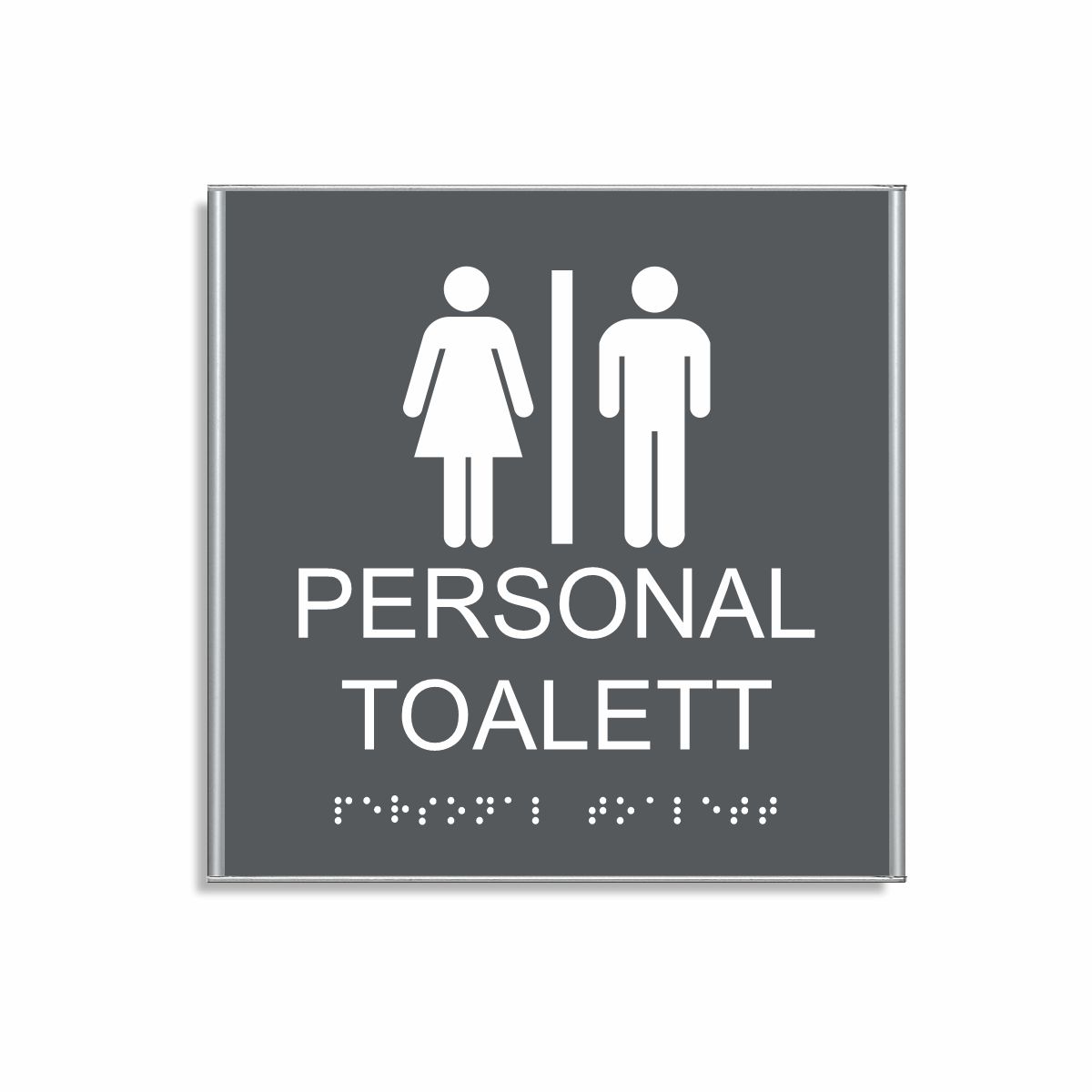 Charcoal grå och vit skylt för personaltoalett i storlek 150 x 150 mm med en tunn aluminiumram, med piktogram av en kvinna och en man åtskilda av ett lodrätt streck, texten personal toalett står under symbolen och punktskrift längst ned