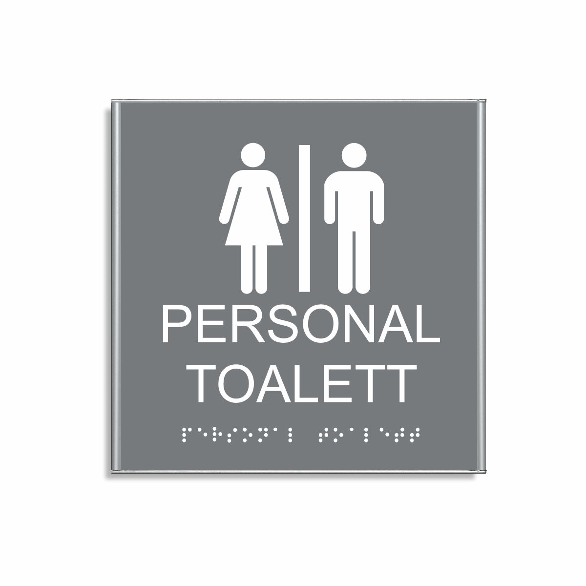 Grå och vit skylt för personaltoalett i storlek 150 x 150 mm med en tunn aluminiumram, med piktogram av en kvinna och en man åtskilda av ett lodrätt streck, texten personal toalett står under symbolen och punktskrift längst ned