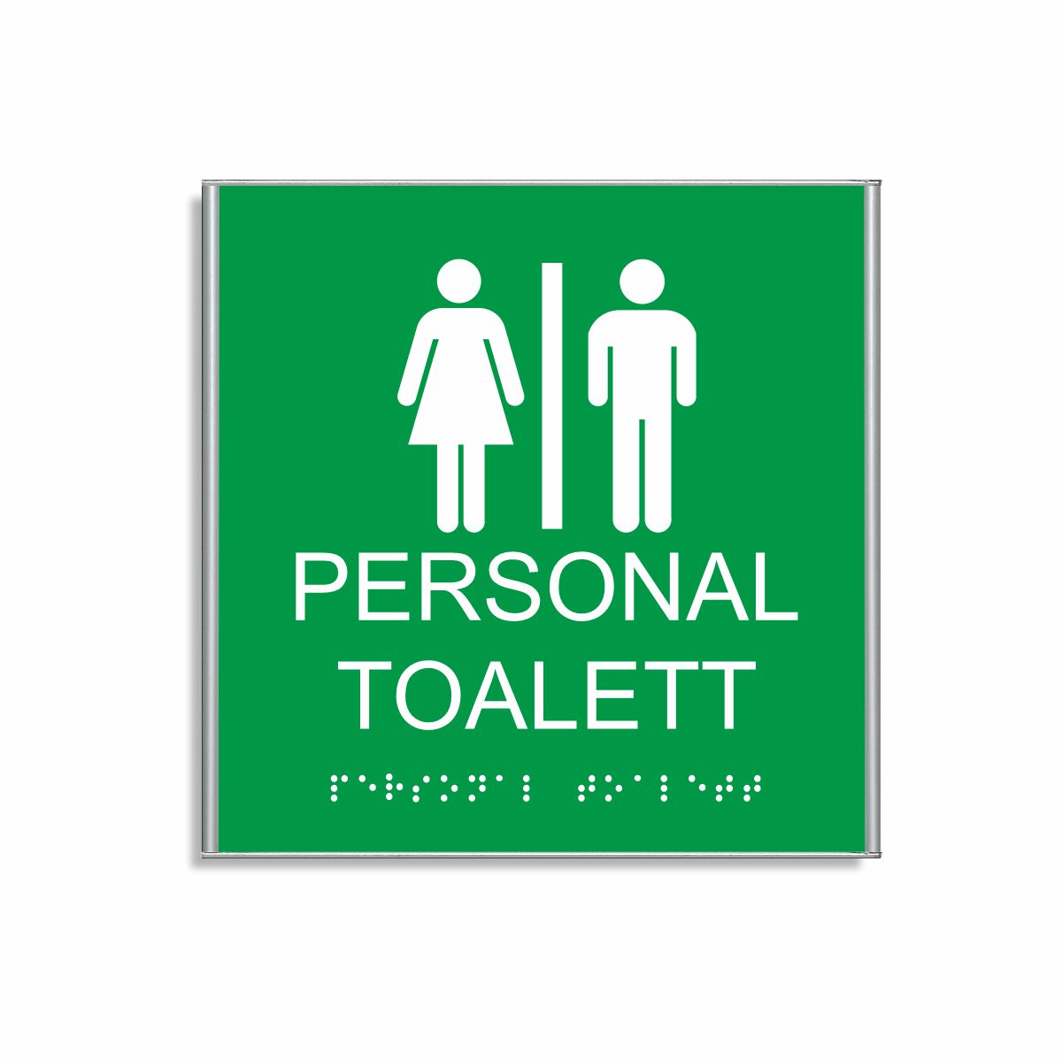 Grön och vit skylt för personaltoalett i storlek 150 x 150 mm med en tunn aluminiumram, med piktogram av en kvinna och en man åtskilda av ett lodrätt streck, texten personal toalett står under symbolen och punktskrift längst ned