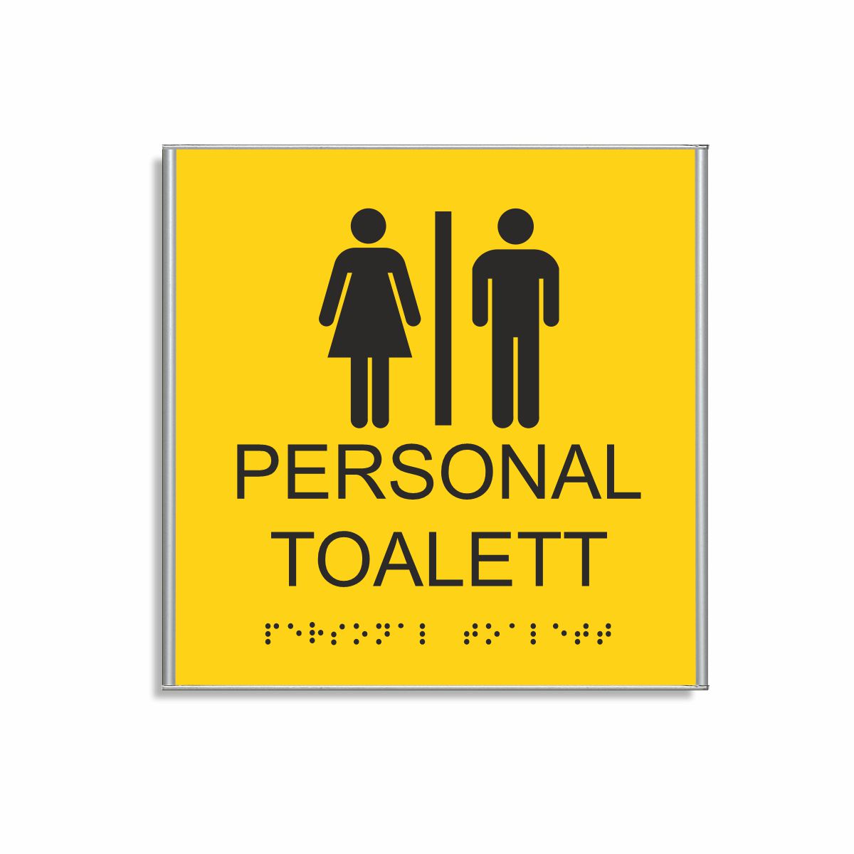 Gul och svart skylt för personaltoalett i storlek 150 x 150 mm med en tunn aluminiumram, med piktogram av en kvinna och en man åtskilda av ett lodrätt streck, texten personal toalett står under symbolen och punktskrift längst ned