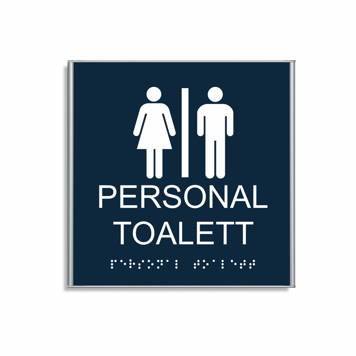 Mörkblå och vit skylt för personaltoalett i storlek 150 x 150 mm med en tunn aluminiumram, med piktogram av en kvinna och en man åtskilda av ett lodrätt streck, texten personal toalett står under symbolen och punktskrift längst ned
