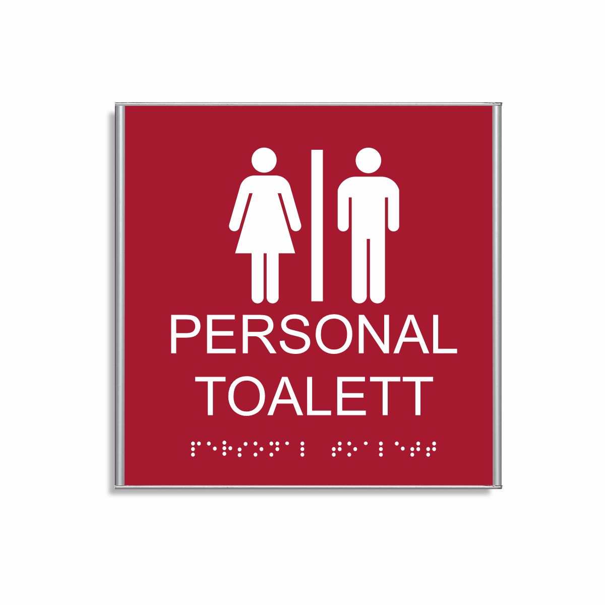 Röd och vit skylt för personaltoalett i storlek 150 x 150 mm med en tunn aluminiumram, med piktogram av en kvinna och en man åtskilda av ett lodrätt streck, texten personal toalett står under symbolen och punktskrift längst ned