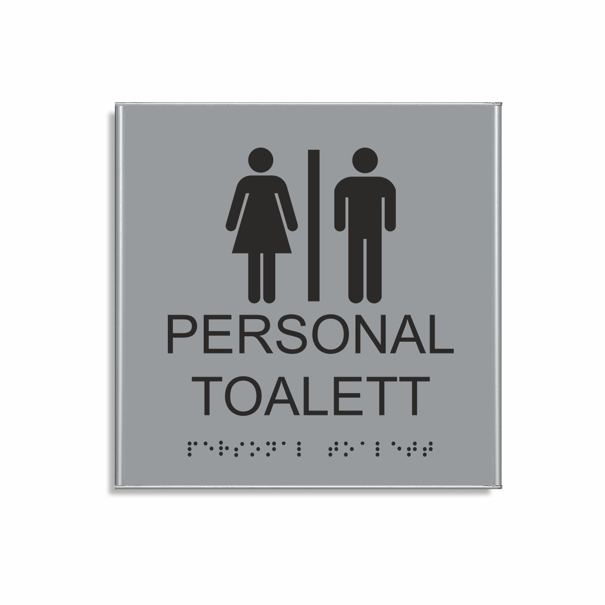 Silvergrå och svart skylt för personaltoalett i storlek 150 x 150 mm med en tunn aluminiumram, med piktogram av en kvinna och en man åtskilda av ett lodrätt streck, texten personal toalett står under symbolen och punktskrift längst ned