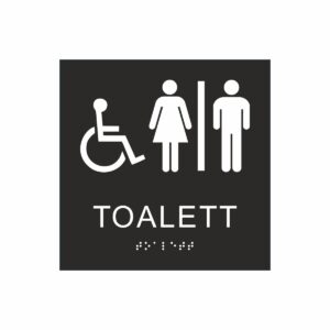 Svart och vit skylt för toalett med piktogram av en rullstol och en kvinna och en man åtskilda av ett lodrätt streck, texten toalett står under symbolen och punktskrift längst ned