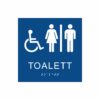 Blå och vit skylt för toalett med piktogram av en rullstol och en kvinna och en man åtskilda av ett lodrätt streck, texten toalett  står under symbolen och punktskrift längst ned