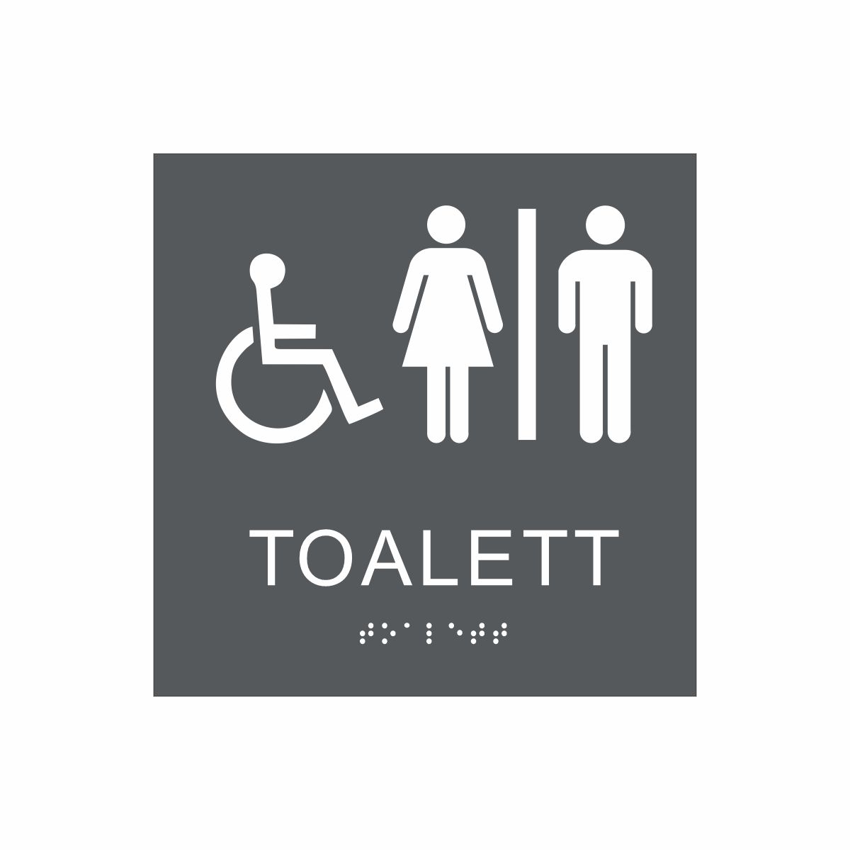 Charcoalgrå och vit skylt för toalett med piktogram av en rullstol och en kvinna och en man åtskilda av ett lodrätt streck, texten toalett står under symbolen och punktskrift längst ned