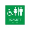 Grön och vit skylt för toalett med piktogram av en rullstol och en kvinna och en man åtskilda av ett lodrätt streck, texten toalett står under symbolen och punktskrift längst ned