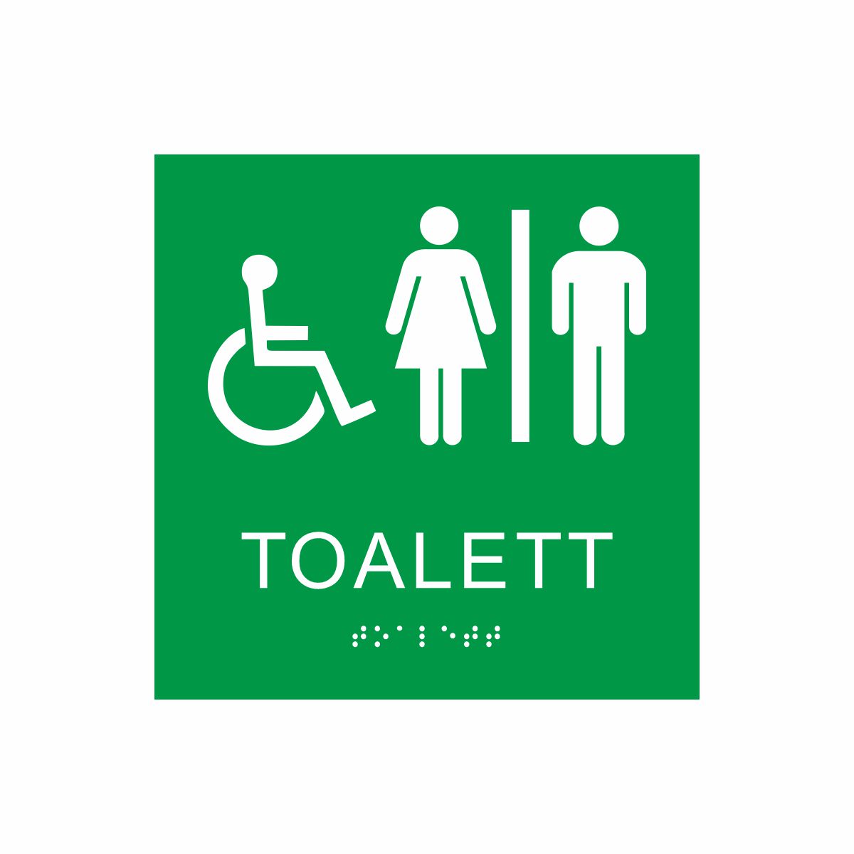 Grön och vit skylt för toalett med piktogram av en rullstol och en kvinna och en man åtskilda av ett lodrätt streck, texten toalett står under symbolen och punktskrift längst ned