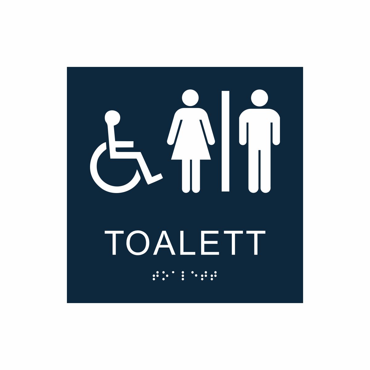 Mörkblå och vit skylt för toalett med piktogram av en rullstol och en kvinna och en man åtskilda av ett lodrätt streck, texten toalett står under symbolen och punktskrift längst ned