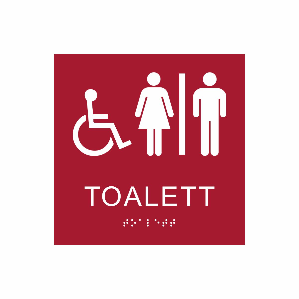 Röd och vit skylt för toalett med piktogram av en rullstol och en kvinna och en man åtskilda av ett lodrätt streck, texten toalett står under symbolen och punktskrift längst ned