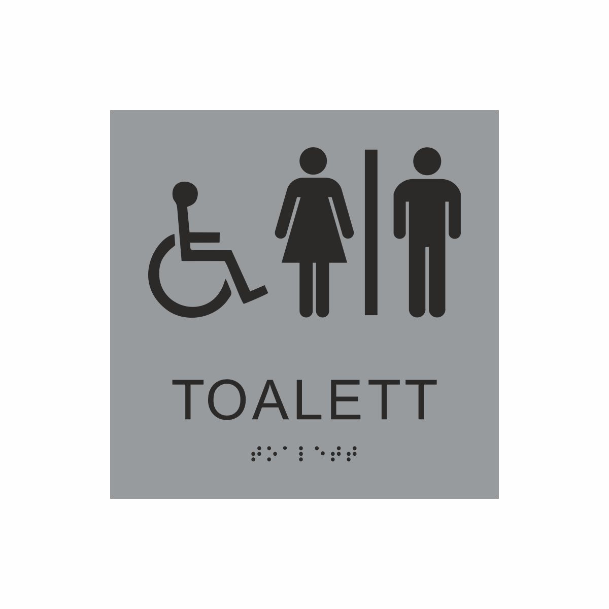 Silvergrå och svart skylt för toalett med piktogram av en rullstol och en kvinna och en man åtskilda av ett lodrätt streck, texten toalett står under symbolen och punktskrift längst ned