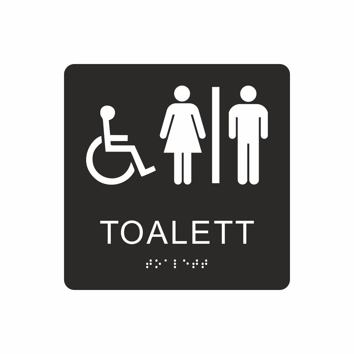 Svart och vit skylt för toalett med piktogram av en rullstol och en kvinna och en man åtskilda av ett lodrätt streck, texten toalett står under symbolen och punktskrift längst ned