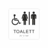 Vit och svart skylt för toalett med piktogram av en rullstol och en kvinna och en man åtskilda av ett lodrätt streck, texten toalett står under symbolen och punktskrift längst ned