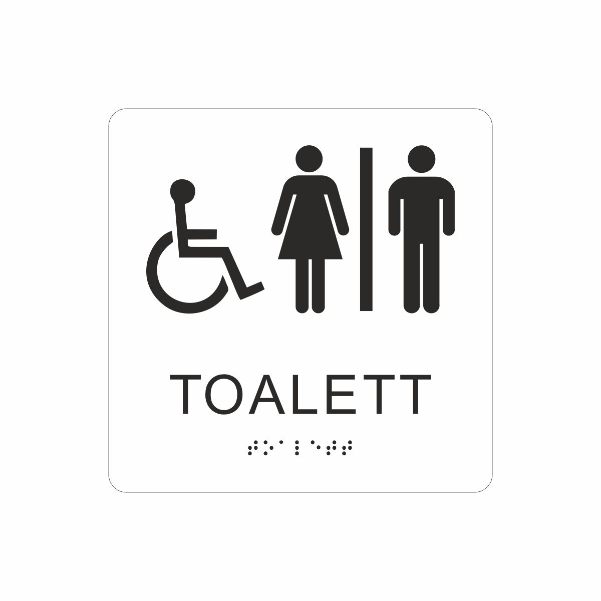 Vit och svart skylt för toalett med piktogram av en rullstol och en kvinna och en man åtskilda av ett lodrätt streck, texten toalett står under symbolen och punktskrift längst ned